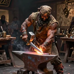 a muscular dwarf blacksmith wearing dwarven shirt and pants, bandana, apron, belt and boots, swinging hammer down forging a sword on an iron anvil, cinematic, epic, by archvillain, titanforge, blizzard, hearthstone, greg rutkowski, craig mullins, jeff easley, mtg, wotc