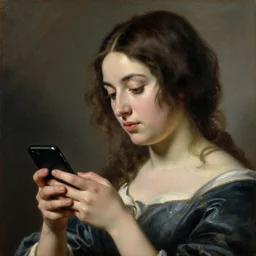 portrait of a gorgeous woman on her smartphone!! oil painting by joseph ducreux, 1 7 th century, art, oil on canvas, wet - on - wet technique, highly realistic, expressive emotions, intricate textures, illusionistic detail, 4 k