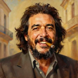 oil painted portrait of fidel castro smiling with a cigar - warm colors - cuba - havana - style of sophie anderson - artstation trending