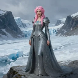 pink haired mage, female, glacier landscape, norway, d & d, fantasy, intricate, elegant, highly detailed, digital painting, artstation, octane render, concept art, matte, sharp focus, illustration, herrarthstone, art by artgerm and greg rutkowski and alphonse mucha