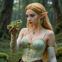 intricate real life princess zelda, tight push up bra, really large bust, forest, holding up a frog, cinematic, aesthetics, full pov