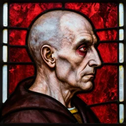 1 0 th century stained glass window, side portrait of a very old man, side - view, villain, uneven grey skin, red eye - shadow, bald and shaven, red bloody background, detailed and masterful