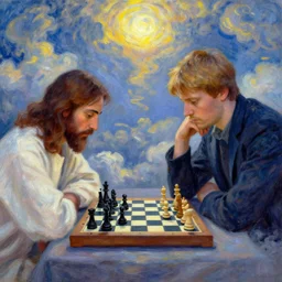 jesus and magnus carlsen playing chess in heaven by monet