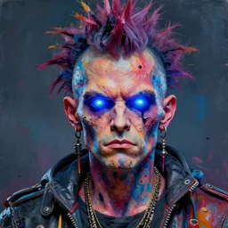 gediminas pranckevicius photoreal colorful gouache impasto portrait of rebel punk!!!! by nicola samori and russ mills, blue glowing aggressive led eyes, zbrush, greeble skin, dripping color, octane render