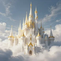 style artgerm, joshua middleton, charlie bowater, soft castle in the sky white with gold, majestic spires, clouds swirling, detailed, sky setting, volumetric lighting