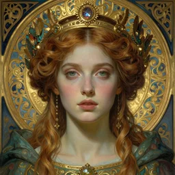 detailed realistic beautiful young medieval queen face portrait by jean delville, tom bagshaw, brooke shaden, gustave dore and marco mazzoni, art nouveau, symbolist, visionary, gothic, pre - raphaelite, ornate gilded medieval icon, surreality, ethereal, unearthly, haunting, celestial, neo - gothic, ghostly, memento mori, otherworldly
