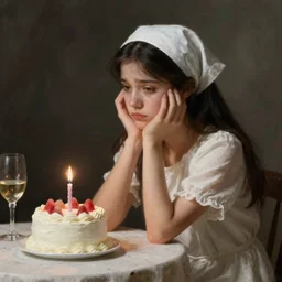 a girl with a white headkerchief sitting alone on a birthday table looking sad high detailed painting