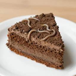 a slice of cake made of mud and dirt, with earthworms crawling on it, food photography, dslr, f3.5