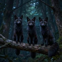 three black foxes sitting on a branch in a dense forest at night, extreme low angle shot, detailed illustration, hd, overdetailed art, by greg rutkowski, trending on ArtStation, concept art, cgsociety, octane render, trending on artstation, artstationHD, artstationHQ, unreal engine, 8k