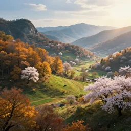 a wonderful land with four season in one day, autumn, spring, winter, summer, landscape, artstation, high detailed, cinematic lightning by tyler edlin