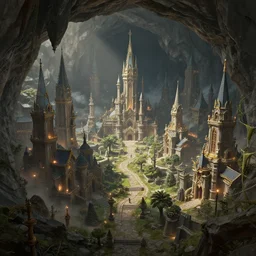 A highly detailed 4K fantasy matte painting of city inside of cave. ArtStation, CGSociety, Unreal Engine