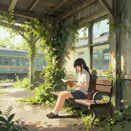 advanced digital art. an abandoned train station overgrown with vines and flowers. a beautiful girl is sitting on a bench reading. digital anime painting. wlop, rossdraws. - - h 2 1 6 0