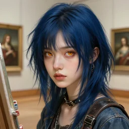 close-up nice pale girl with midnight blue hair, messy bob cut hairstyle, amber oval eyes, grunge clothes, jeans, high boots, painting in the museum, highly detailed, sharp focus, digital painting, artwork by Kinkade, by Victor Adame Minguez by Yuumei by Tom Lovell by Sandro Botticelli