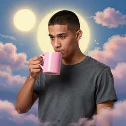 portrait of a ( ( ( una taza de cafe grande y rosa ) ) ), ( ( guapo joven caliente colombiano mulato pelo buzzed ) ), nubes y magia, el sol, concept character, by greg rutowski and tezuka and oi and mucha and bierstadt and remington, trending on artstation