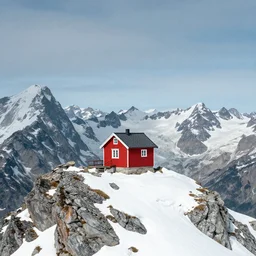 a tiny red house perched on the summit of a glaciated mountain