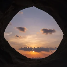 a beautiful sunset with clouds, shot from inside a cave
