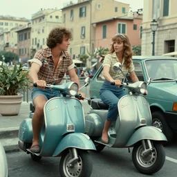 movie in the 7 0 s, grease, disco, vespa motorcicles, fiat uno, in the city of genova still image. cinematic. color grading.