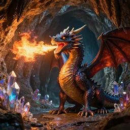 a 3d artistic photo of a cave dragon blowing fire using its mouth to the sparkly colorful crystals in the cave