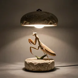 round brutalist stone table lamp in the shape of praying mantis, lily. karl blossfeldt, salvador dali