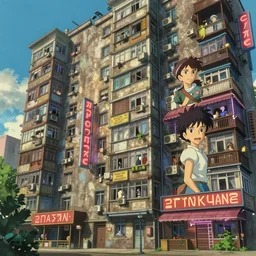 a highly detailed matte painting of soviet apartment building with neon signs, by studio ghibli, makoto shinkai, by artgerm, by wlop, by greg rutkowski, volumetric lighting, octane render, 4 k resolution, trending on artstation, masterpiece from akira by katsuhiro otomo and alejandro hodorovski and denis villeneuve and gregory crewdson style with many details by mike winkelmann and vincent di fate in sci - fi style. volumetric natural light hyperrealism photo on dsmc 3 system