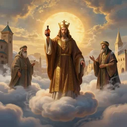 a byzantine priest is carrying a small bottle surrounded by heavenly clouds in a Byzantine city, a persian jinn is surrounded by smoke, concept art, beautiful light, golden hour, symmetry, very coherent, realistic, by James Gurney and Simon Stalenhag and Greg Rutkowski, trending on artstation, cinematic, 85mm lens