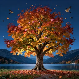 a beautiful awesome artistic tree in the fall at night with falling flowers like leaves and many birds, all in the amazing outdoors view, mountain in the background, lake, long exposure, 8 k resolution, trending on artstation