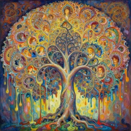 an hiper intricate oil painting of a beautifull fractal tree surounded by melting colorfull wax drips, colorfull, excelent composition, wide shot, by yoshitaka amano, by greg rutkowski, by alphonse mucha by jeremyg lipkinng, by rhads, by ross tran, artstation, octane render