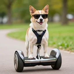 puppy wearing sunglasses while riding on a hover board at the park, photo, bokeh