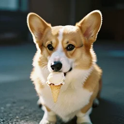a corgi dog, eating ice cream, filmic, cinematic, photojournalism, backlight