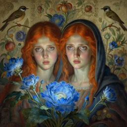 breathtaking detailed concept art painting portrait of two goddess of light blue flowers by hsiao - ron cheng, carroty hair, orthodox saint, with anxious piercing eyes, vintage illustration pattern background with bizarre compositions blend of flowers and fruits and birds by beto val and john james audubon, exquisite detail, extremely moody lighting, 8 k