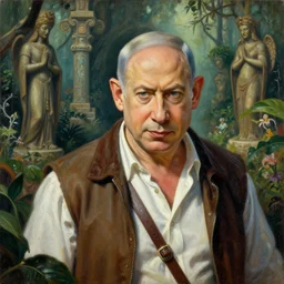 insanely detailed painting of benjamin netanyahu as an explorer, exploring a forbidden garden old gods, depth of field, natural lighting, high contrast art, benjamin netanyahu, by moebius and tim hildebrandt and gediminas pranckevicius