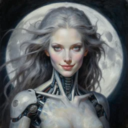 portrait of biomechanical moon goddess, flowing hair, intense stare, sweet smile, realistic oil painting by h. r giger,