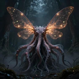 lovecraft tentacle wispy entity with firefly wings, dark eerie photo, photo pic taken by beksinski gammell giger mcfarlane