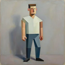 blocky geometric stylized male character full body portrait oil painting expressive brushstrokes by james gilleard
