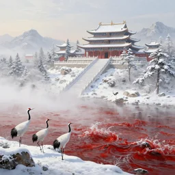 a gorgeous landscape painting by barlowe wayne maxfield parrish and marco mazzoni. winter morning. snow. chinese temple. he winding steps. three cranes. ultra clear detailed. 3 d, octane render. turbulent blood lake. fog