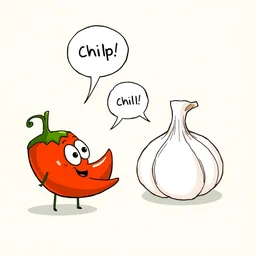a cartoon drawing of a chilli pepper talking to garlic with speech bubbles in the air