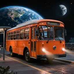 an old shabby orange trolleybus stands at a stop on the other planet, headlights shine with neon light, in the background in the distance the earth, atmospheric, futuristic, cyberpunk, ray tracing global illumination, 8 k resolution, ultra detailed