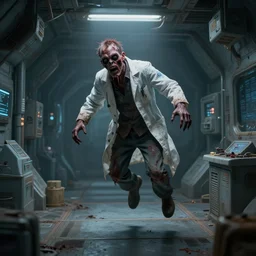an zombie scientist floating in an abandoned space station terminal, ArtStation, concept art, octane render, trending on artstation, artstationHD, artstationHQ, unreal engine, 4k, 8k