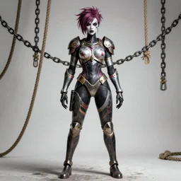 full body painting of tracer from overwatch, in style of zdzisław beksinski, horror, 4 k, feminine facial features, armor, armor, detailed face, tall, ropes and chains in background
