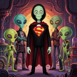 a highly detailed image of a addams family style illustration, rich colors, surreal aliens meet the last super part 2