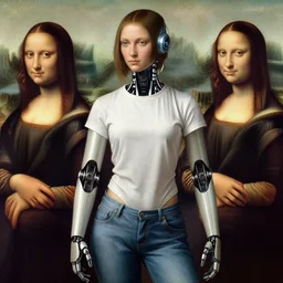 a beautiful renaissance painting of a cyberpunk robot woman wearing a t - shirt and jeans, art by botticelli and da vinci