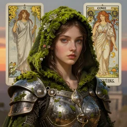 hyperdetailed portrait of beautiful queen's flower moss armored hooded girl. tarot card. by greg rutkowski, highly detailed portrait, digital painting, artstation, concept art, smooth, sharp foccus ilustration, artstation hq. intricate, elegant. art by wlop and artgerm and greg rutkowski and alphonse mucha, masterpiece. medium shot. sunset dramatic
