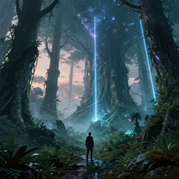 reclaimed by nature by denis sarazhin, extraterrestial laser rainforest alien at dawn retrowave cyberpunk anime dramatic lighting, archdaily, wallpaper, highly detailed, trending on artstation.