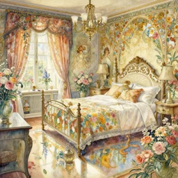 a beautifull intricate watercolour painting of a victorian bedroom with many flowers, reflexions, verry high details by william turner art, greg rutkowski and alphonse mucha, trending on artstation, very very detailed, masterpiece,