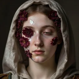 hyperrealism close - up mythological portrait of an exquisite medieval woman's shattered face partially made of maroon flowers in style of classicism, wearing silk hood, dark palette