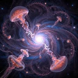 wide angle view of the fractal core of the universe, vast circular mathematical landscape, giant fractal jelly fishes levitating, by james jean, marc simonetti and victo ngay, artstation