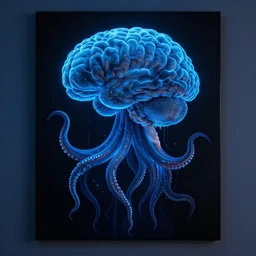 large brain suspended by tentacles, dark room, blue bioluminescence, artwork by greg rukowtski