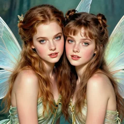 young elizabeth hurley and young bettie page as fairies with wings, hyper realistic faces, beautiful eyes, fantasy art, in the style of greg rutkowski, illustration, epic, fantasy, intricate, hyper detailed, artstation, concept art, smooth, sharp focus, vibrant