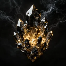 symmetrical, black crystal eminating gold light, black background, 4 k, elements, storm, eternal mystery, atmospheric scene, epic scene, trending on artstation