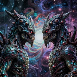 a monster with two sharp heads that look sternly at each other, it has several eyes and scales on the misshapen body, psychedelic cosmic horror